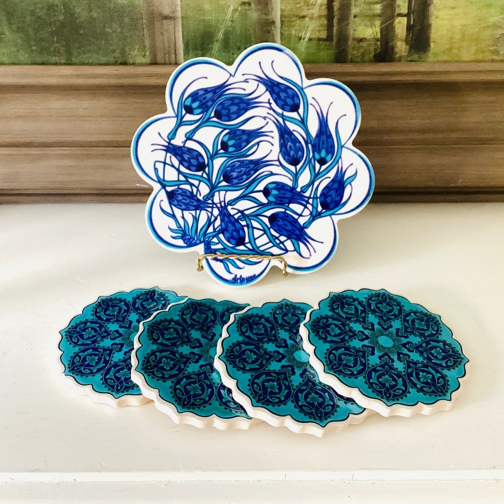 Turkish Iznik Hand Painted Trivet And 4 Coasters Set Blue Ceramic Geometric